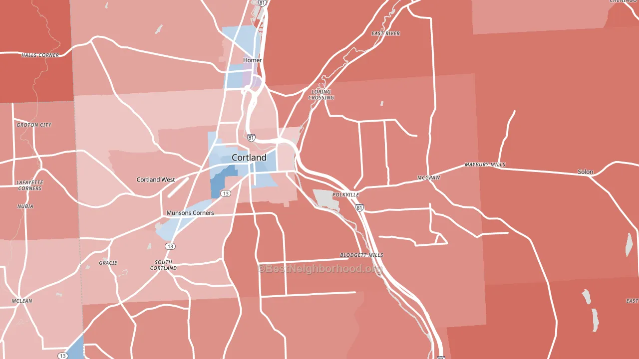 Cortland County, NY block-group political-lean map