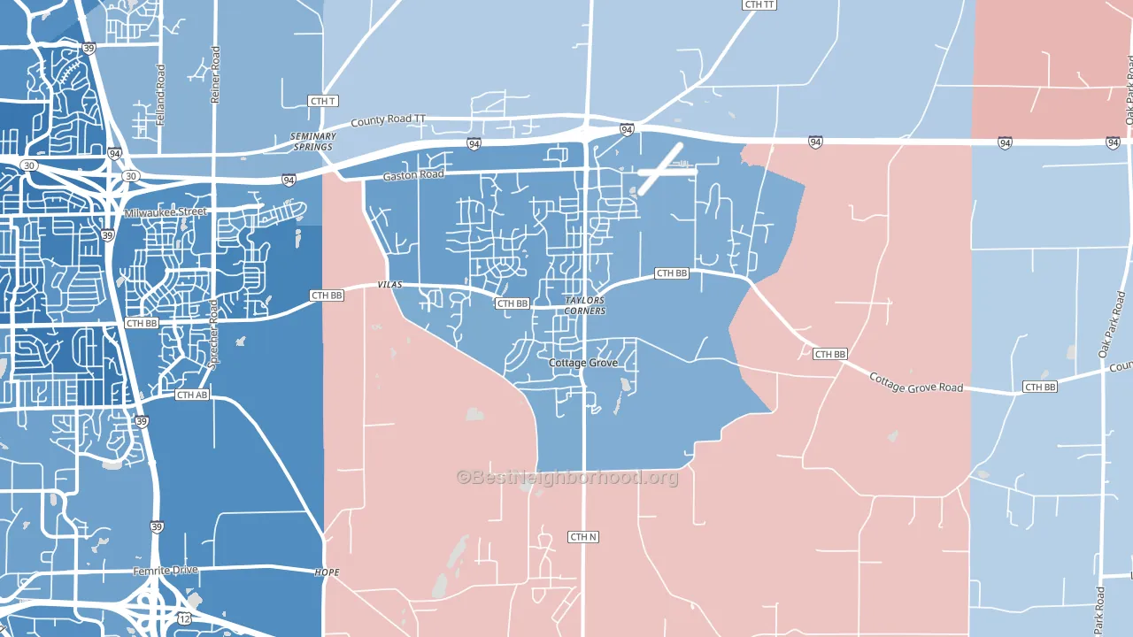Cottage Grove, WI block-group political-lean map