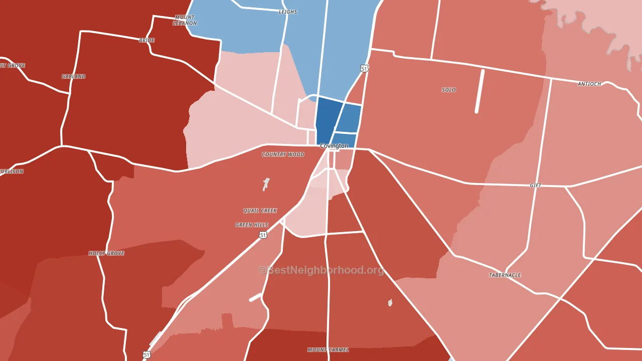 Covington, TN block-group political-lean map