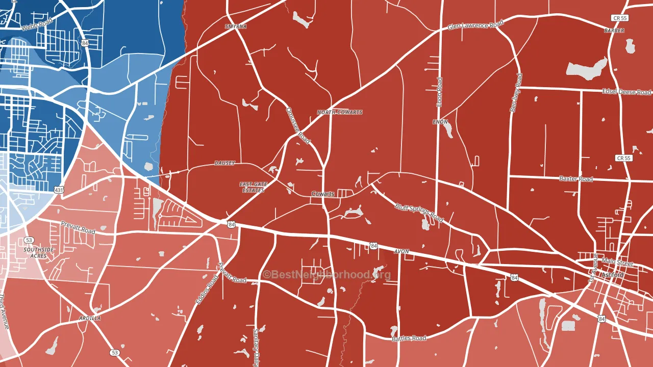 Cowarts, AL block-group political-lean map