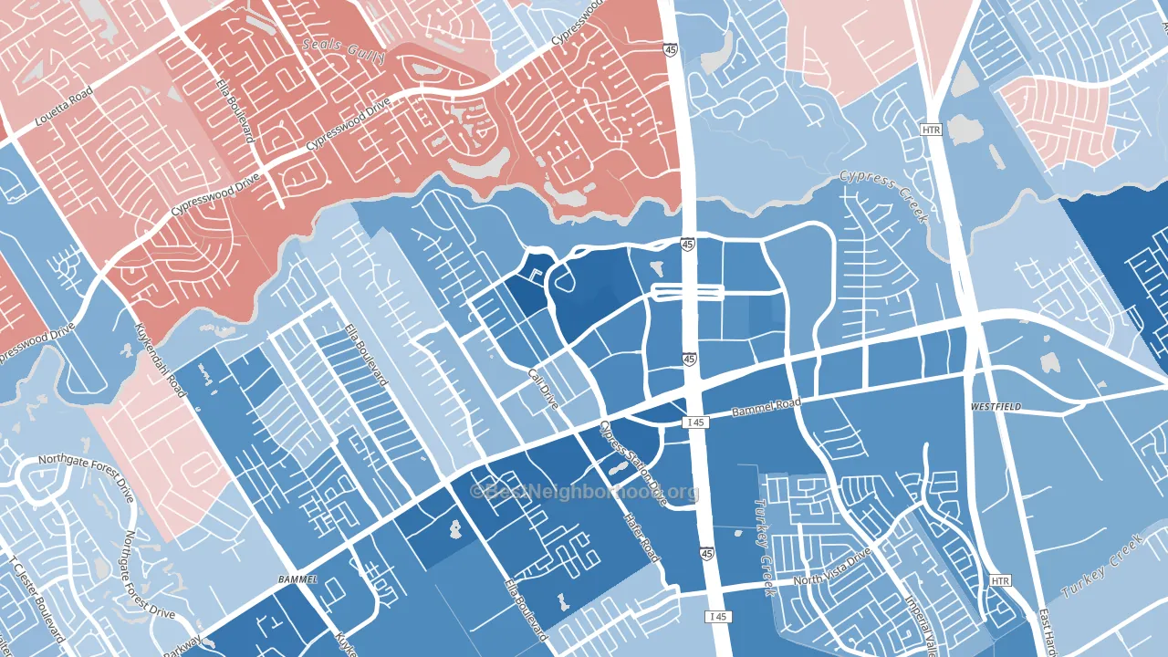 Cypress Station, Houston, TX block-group political-lean map