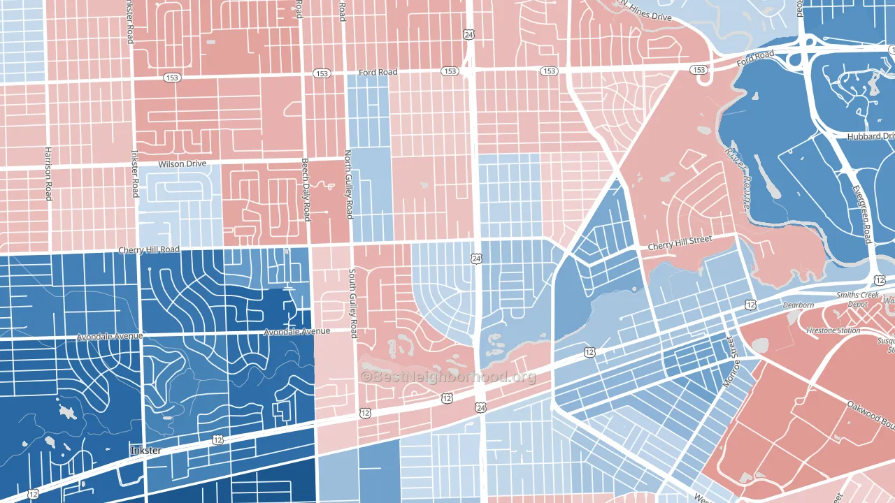 Dearborn Hills, Dearborn, MI block-group political-lean map