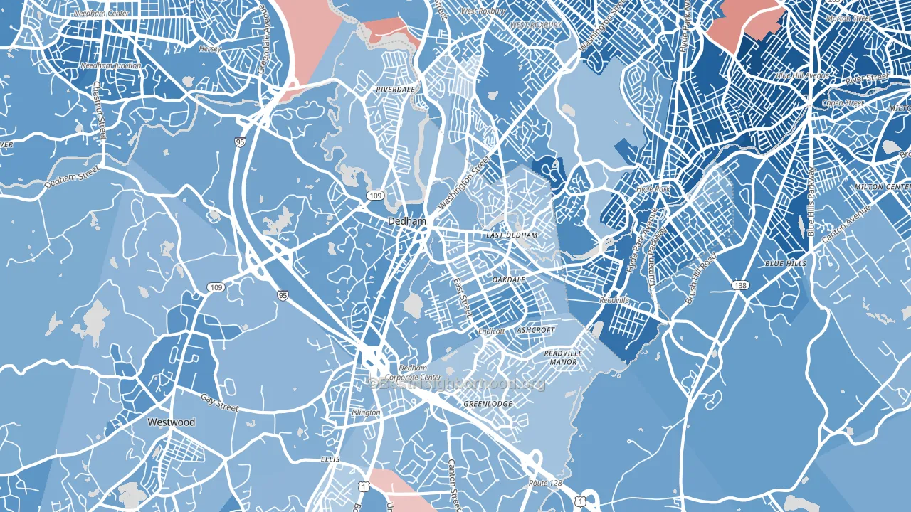 Dedham, MA block-group political-lean map