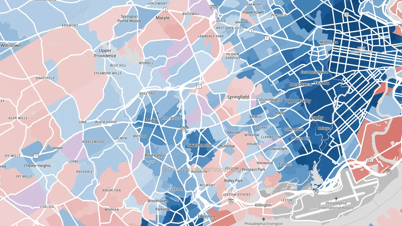 Delaware County, PA block-group political-lean map
