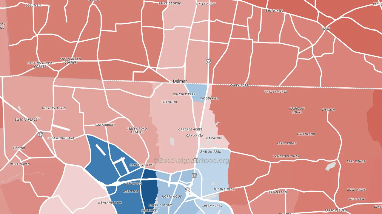 Delmar, MD block-group political-lean map