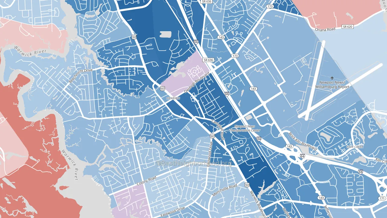 Denbigh, Newport News, VA block-group political-lean map