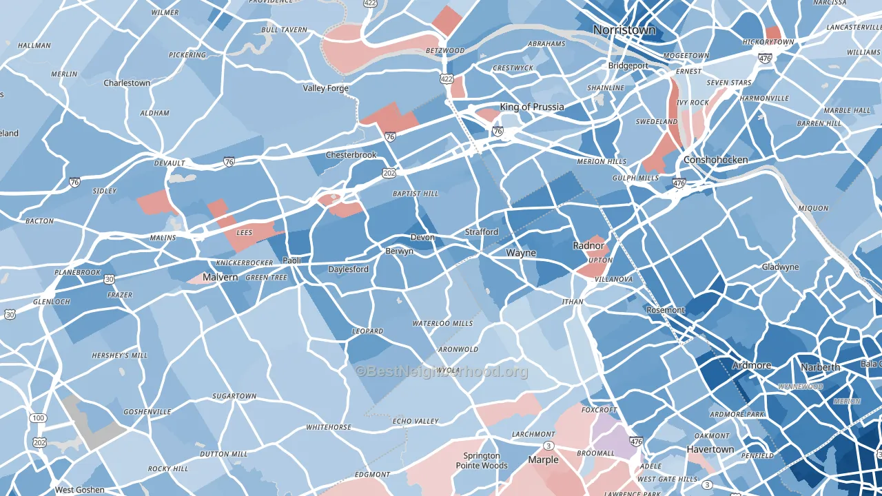 Devon, PA block-group political-lean map