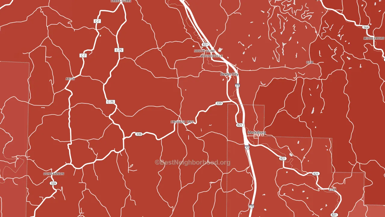 Dexter City, OH block-group political-lean map