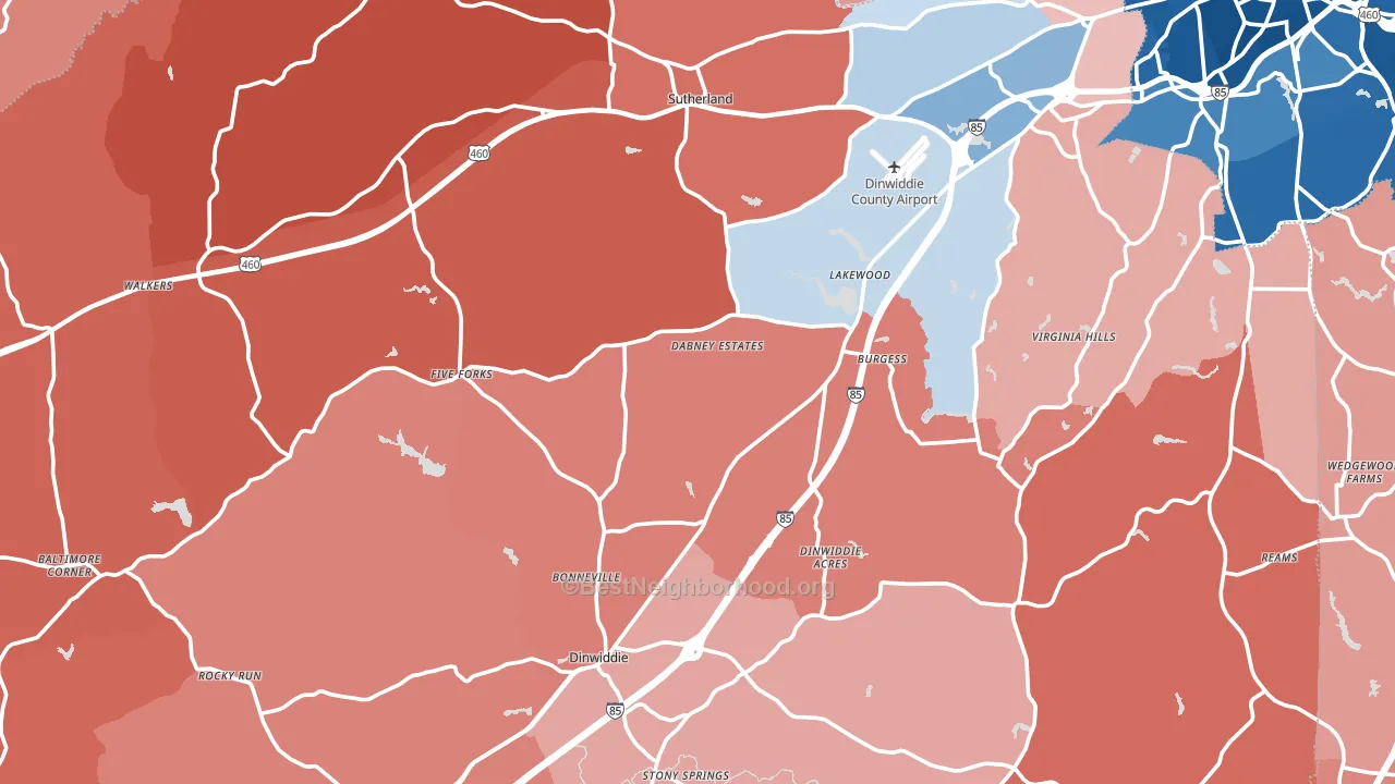 Dinwiddie County, VA block-group political-lean map
