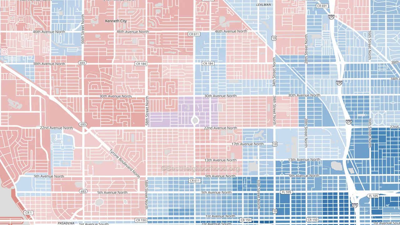 Disston Heights, St. Petersburg, FL block-group political-lean map