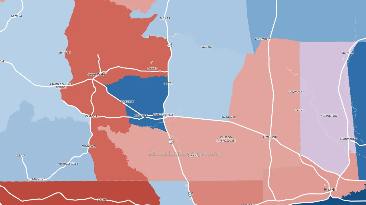 Dixons Mills, AL block-group political-lean map