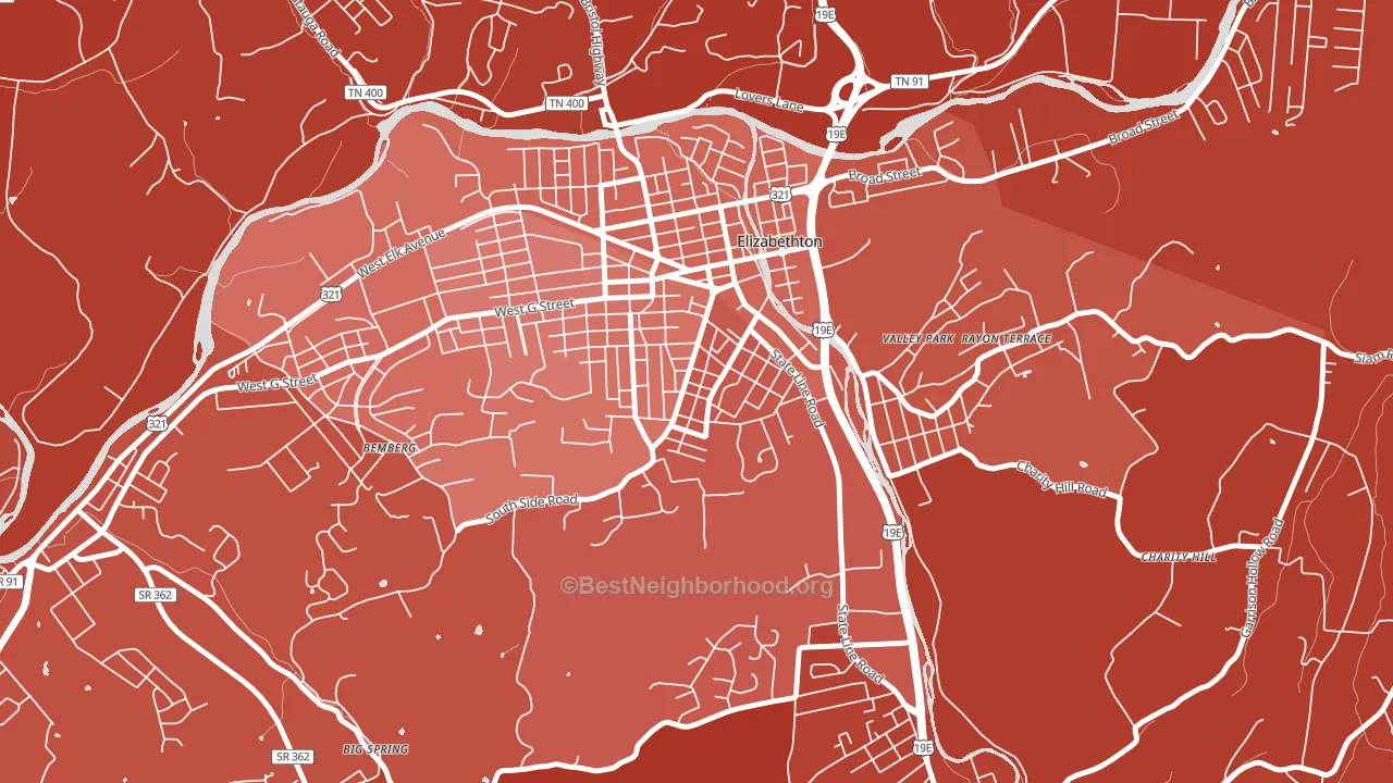 Douglas, Elizabethton, TN block-group political-lean map