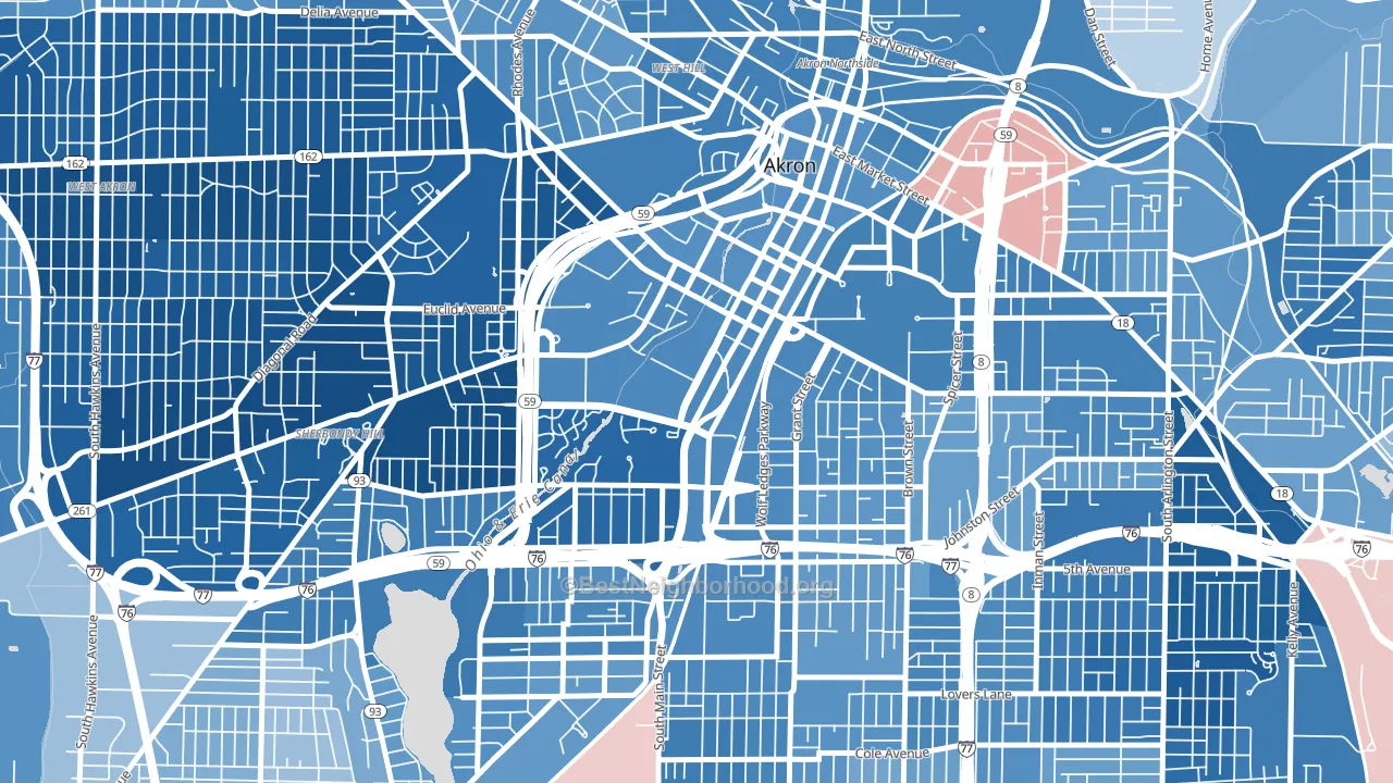 Downtown Akron, Akron, OH block-group political-lean map