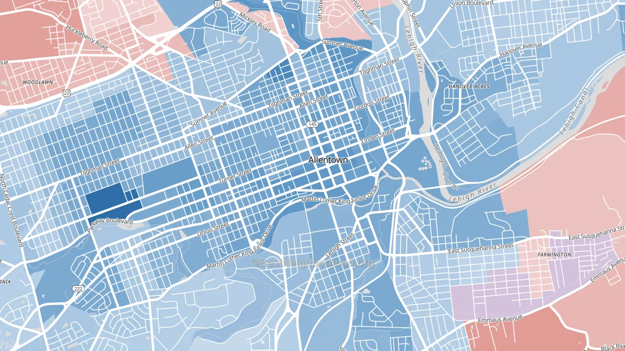 Downtown, Allentown, PA block-group political-lean map