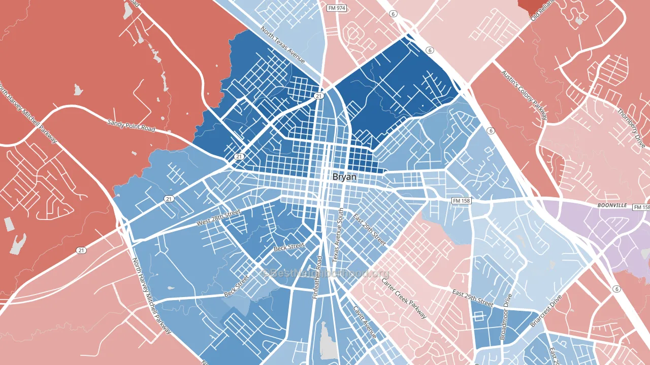 Downtown Bryan, Bryan, TX block-group political-lean map