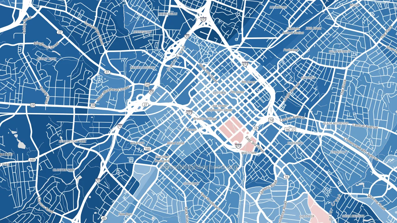 Downtown Charlotte, Charlotte, NC block-group political-lean map