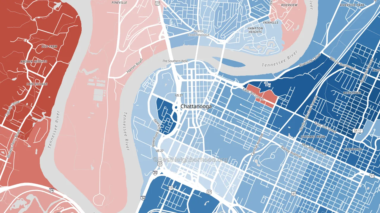 Downtown Chattanooga, Chattanooga, TN block-group political-lean map