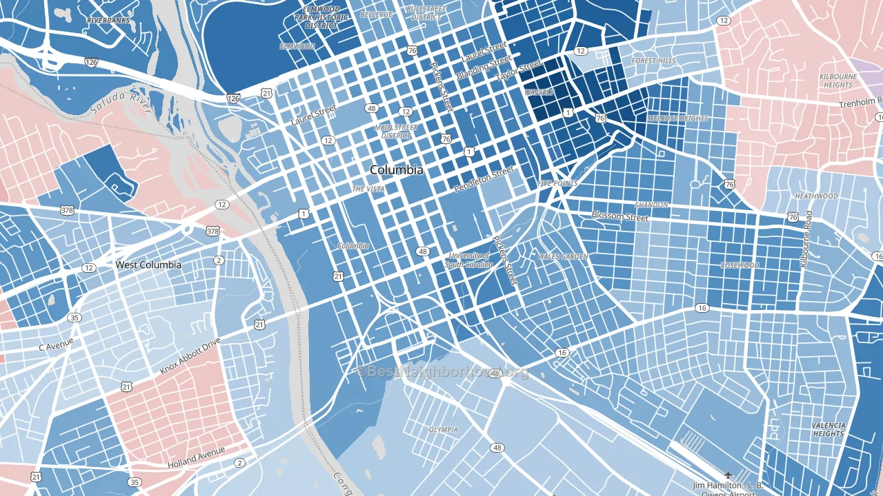 Downtown Columbia, Columbia, SC block-group political-lean map