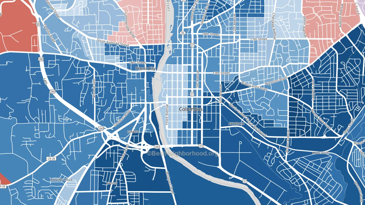 Downtown Columbus, Columbus, GA block-group political-lean map