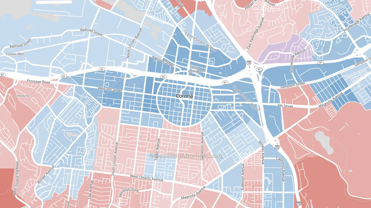 Downtown Corona, Corona, CA block-group political-lean map