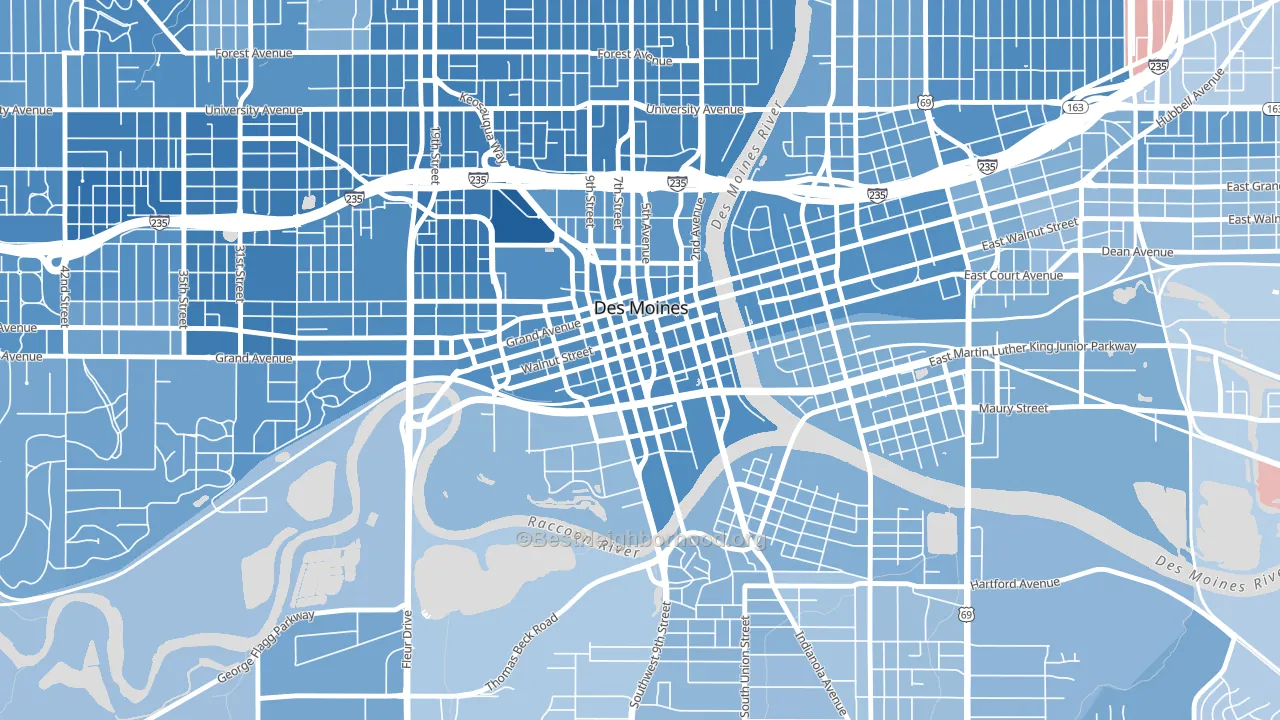 Downtown Des Moines, Des Moines, IA block-group political-lean map