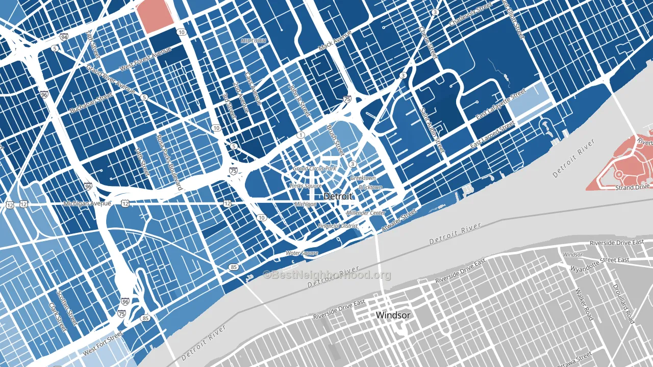 Downtown Detroit, Detroit, MI block-group political-lean map