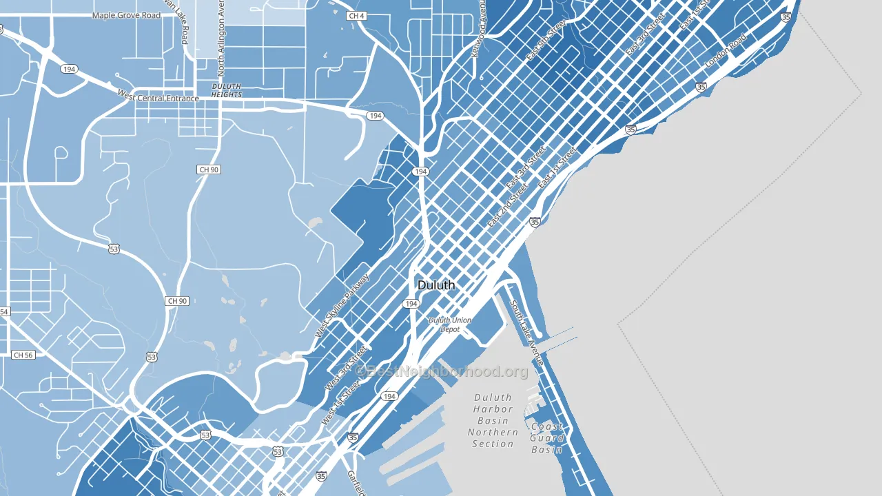 Downtown Duluth, Duluth, MN block-group political-lean map