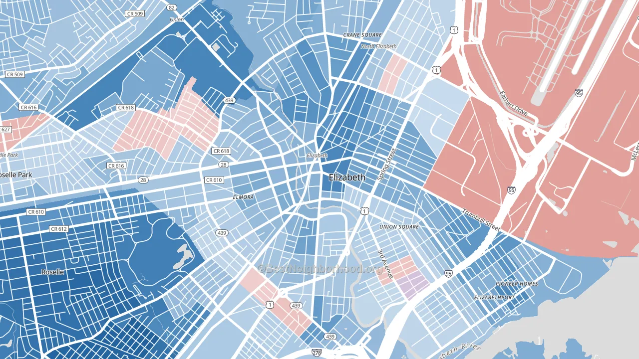 Downtown Elizabeth, Elizabeth, NJ block-group political-lean map