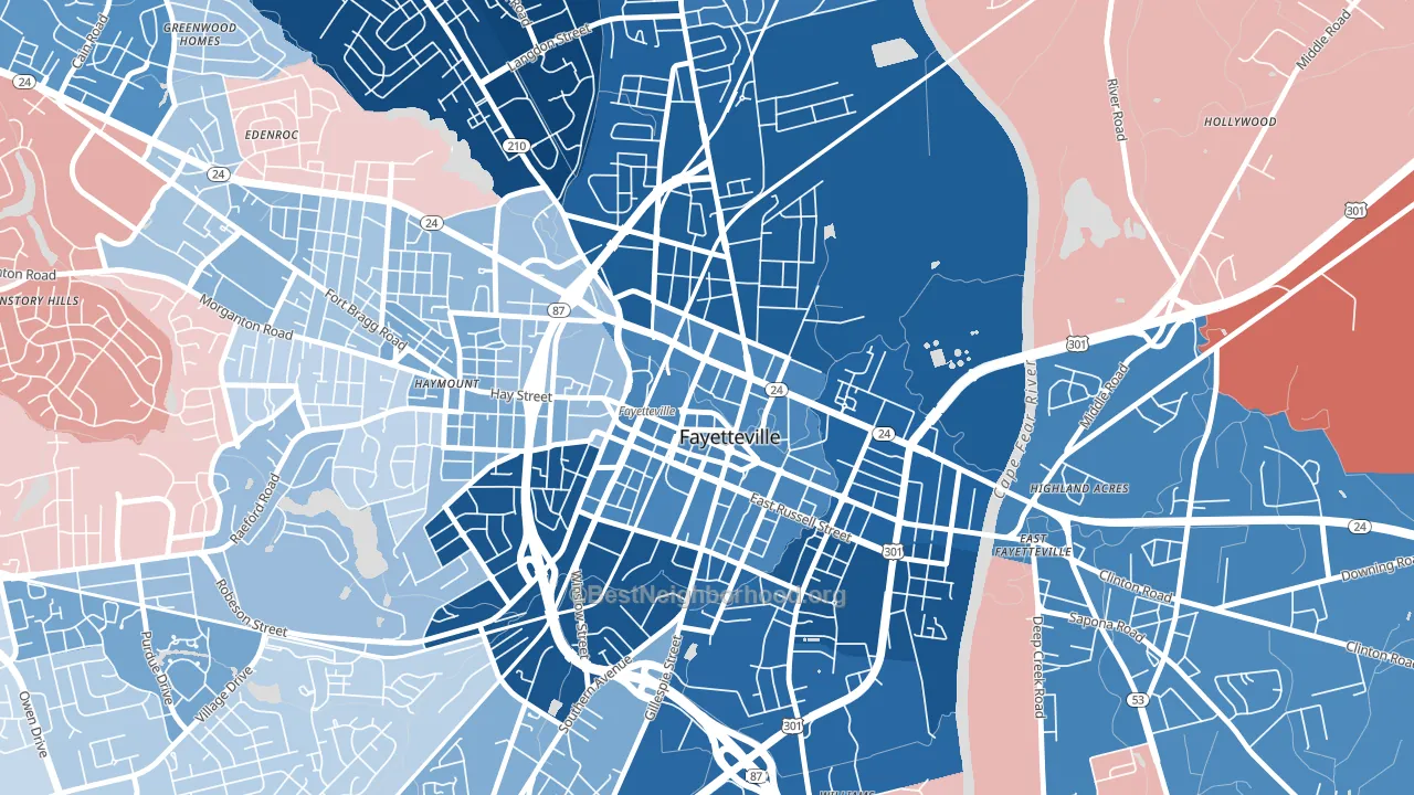 Downtown Fayetteville, Fayetteville, NC block-group political-lean map
