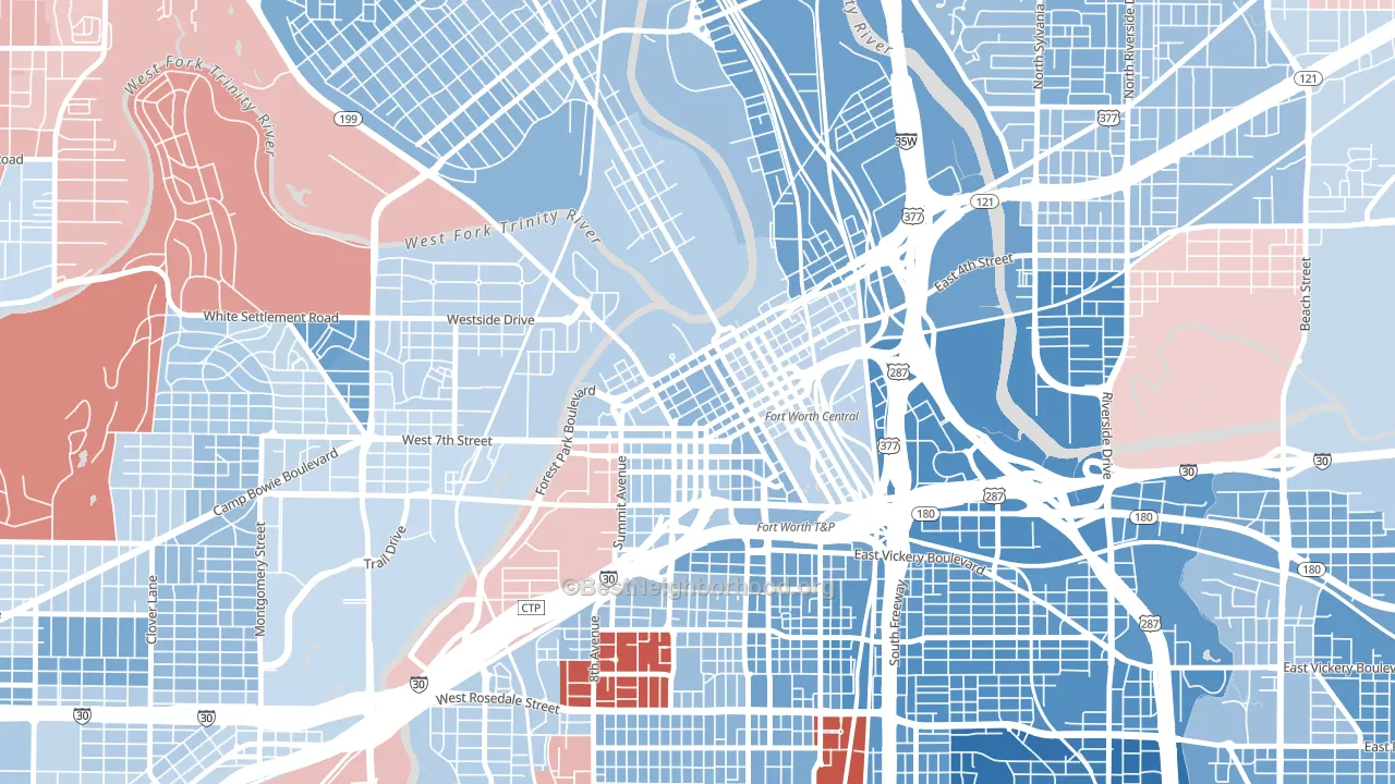 Downtown Fort Worth, Fort Worth, TX block-group political-lean map