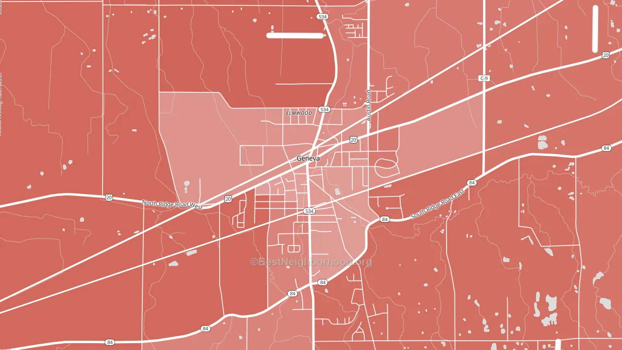 Downtown Geneva, Geneva, OH block-group political-lean map