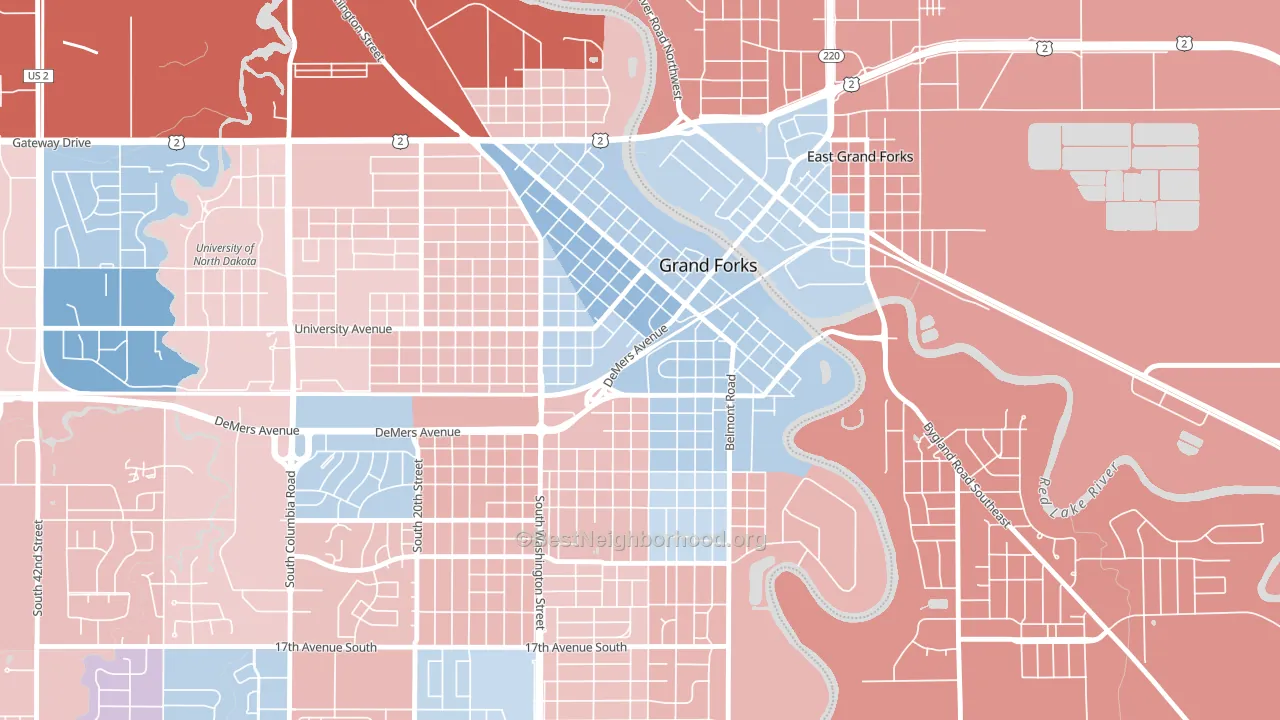 Downtown Grand Forks, Grand Forks, ND block-group political-lean map