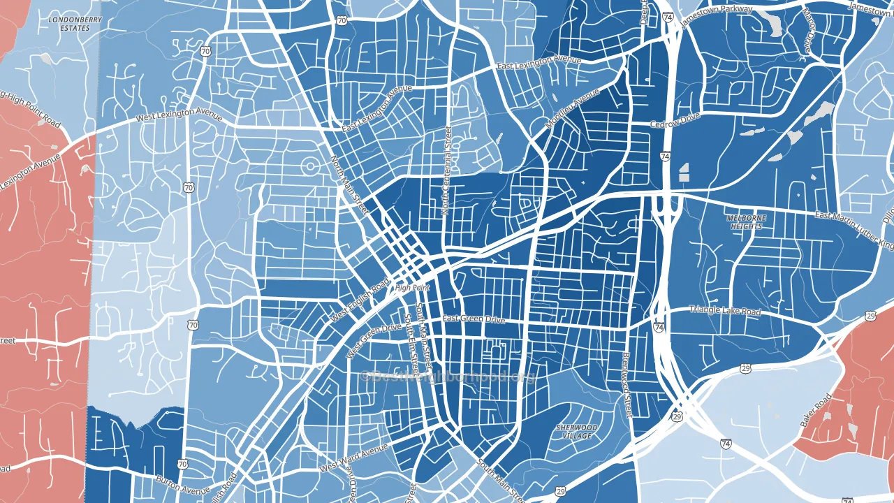 Downtown High Point, High Point, NC block-group political-lean map
