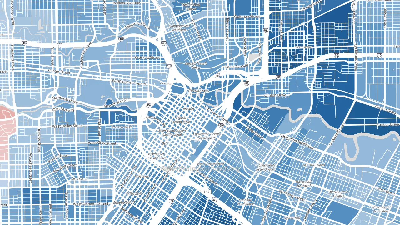 Downtown Houston, Houston, TX block-group political-lean map