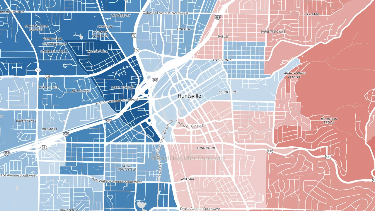 Downtown Huntsville, Huntsville, AL block-group political-lean map