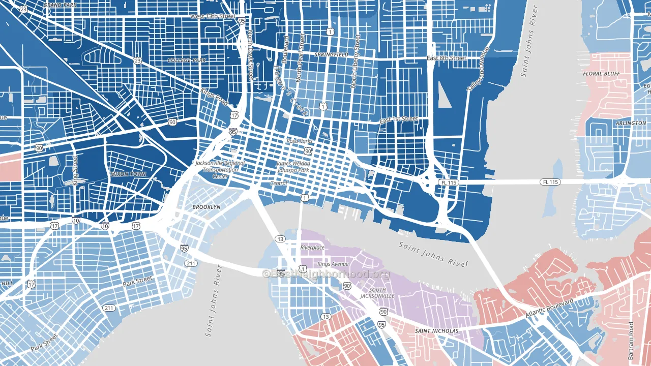 Downtown Jacksonville, Jacksonville, FL block-group political-lean map