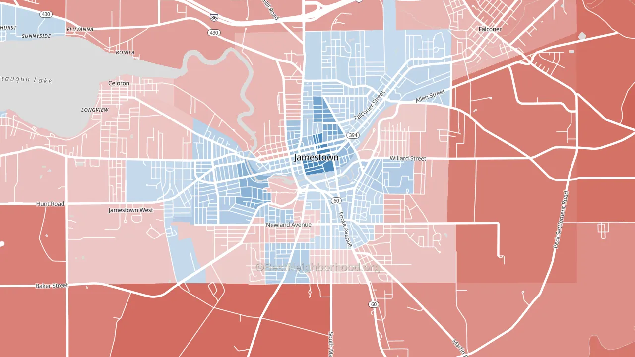 Downtown Jamestown, Jamestown, NY block-group political-lean map