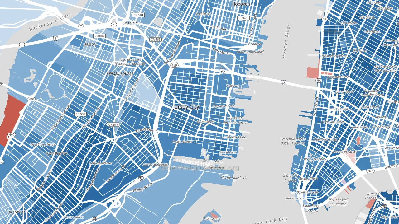 Downtown Jersey City, Jersey City, NJ block-group political-lean map