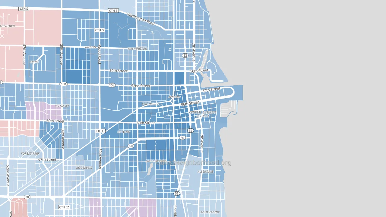 Downtown, Kenosha, WI block-group political-lean map