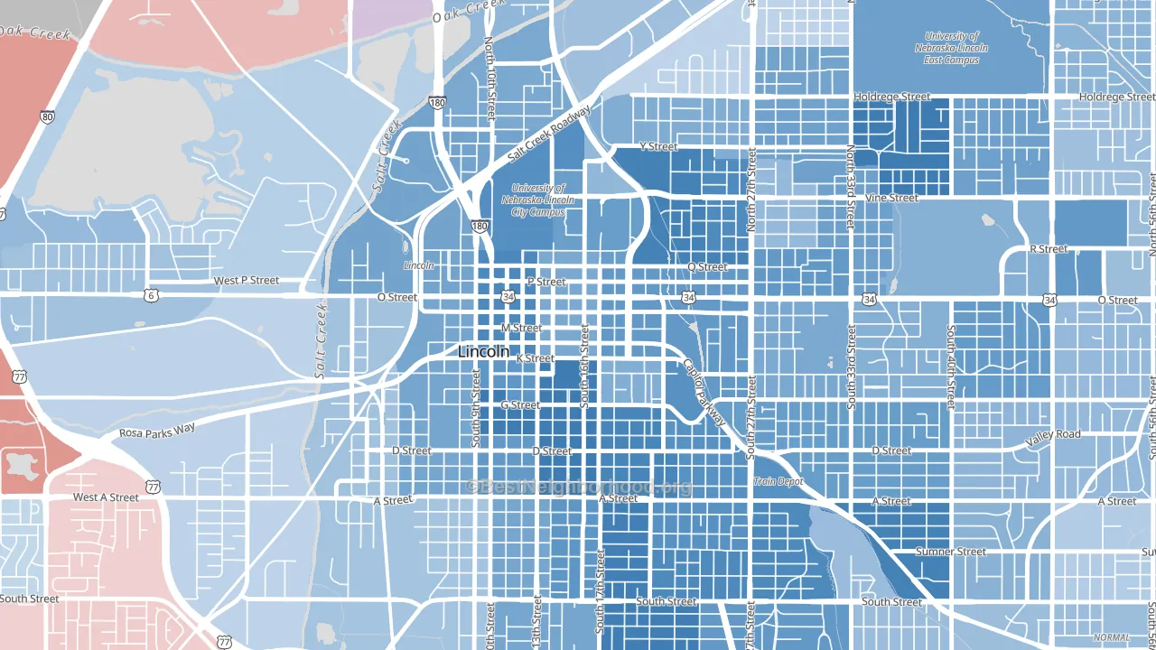 Downtown Lincoln, Lincoln, NE block-group political-lean map