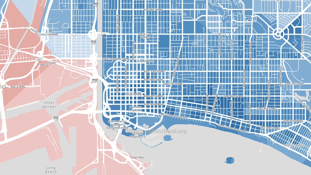 Downtown Long Beach, Long Beach, CA block-group political-lean map
