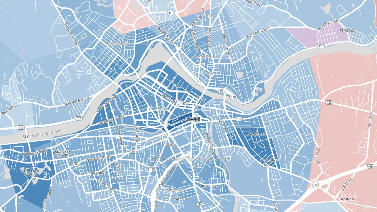 Downtown Lowell, Lowell, MA block-group political-lean map