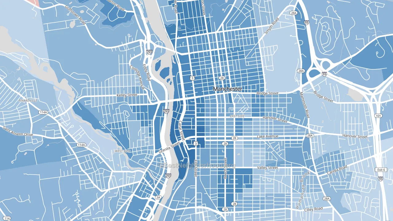 Downtown, Manchester, NH block-group political-lean map