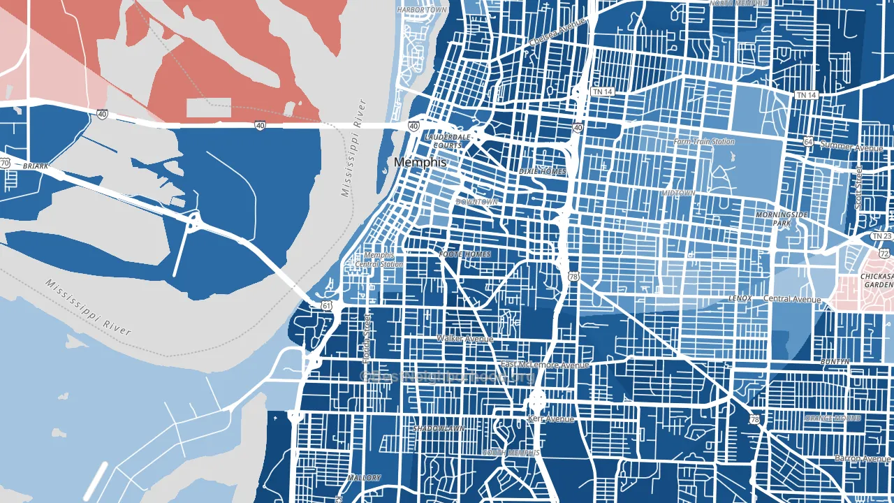 Downtown Memphis, Memphis, TN block-group political-lean map