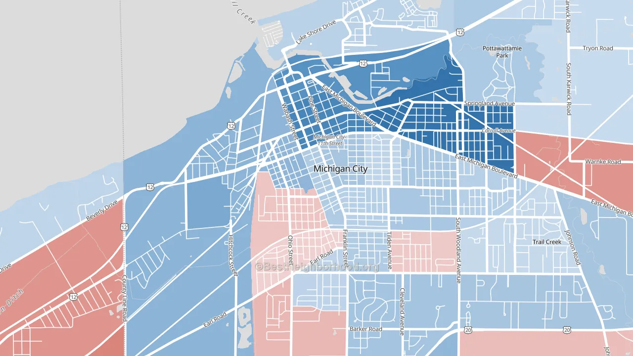 Downtown Michigan City, Michigan City, IN block-group political-lean map