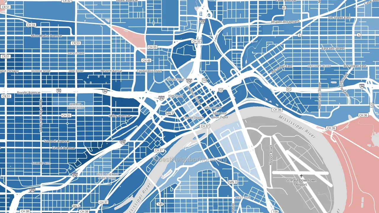 Downtown Minneapolis, St. Paul, MN block-group political-lean map