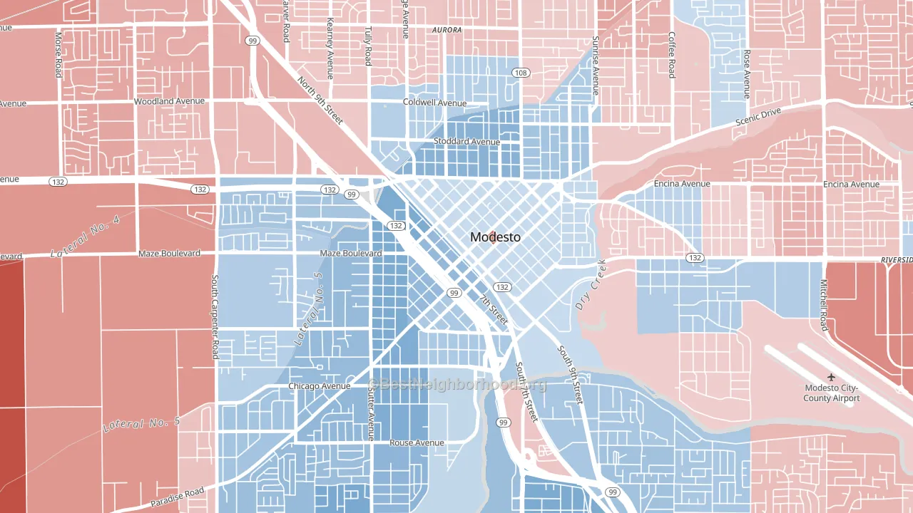 Downtown Modesto, Modesto, CA block-group political-lean map