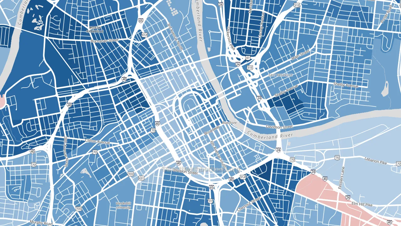 Downtown Nashville, Nashville, TN block-group political-lean map