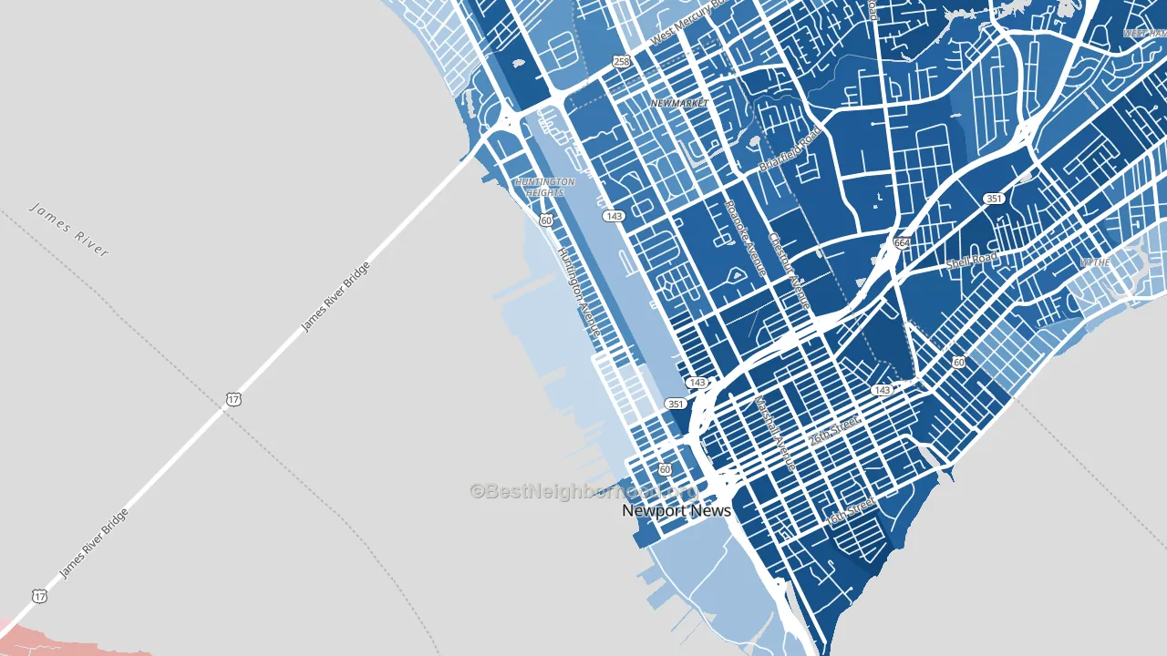 Downtown Newport News, Newport News, VA block-group political-lean map