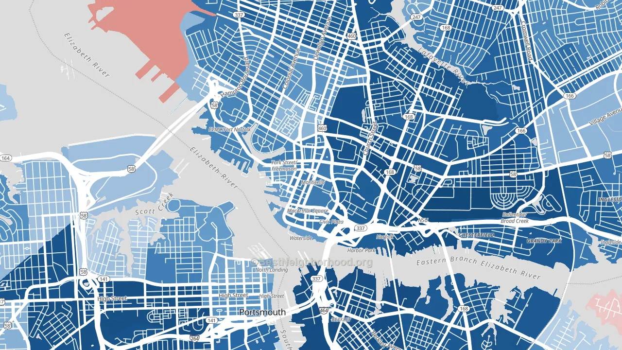 Downtown Norfolk, Norfolk, VA block-group political-lean map